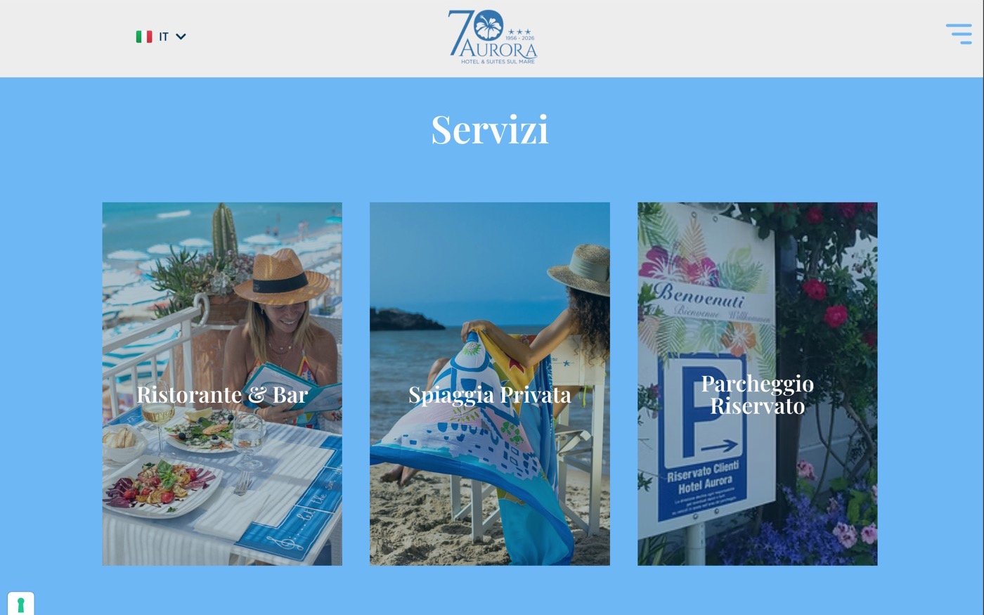Sito dell'Hotel Aurora dopo il restyling: servizi